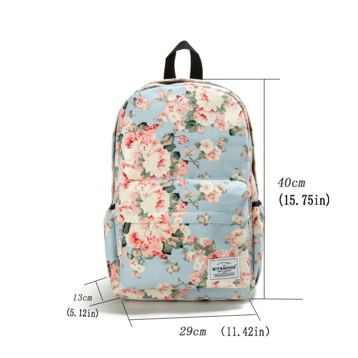 Flower Pattern Canvas Backpack, Women's Large Capacity Shoulder Laptop Bag, Casual Zipper Backpack