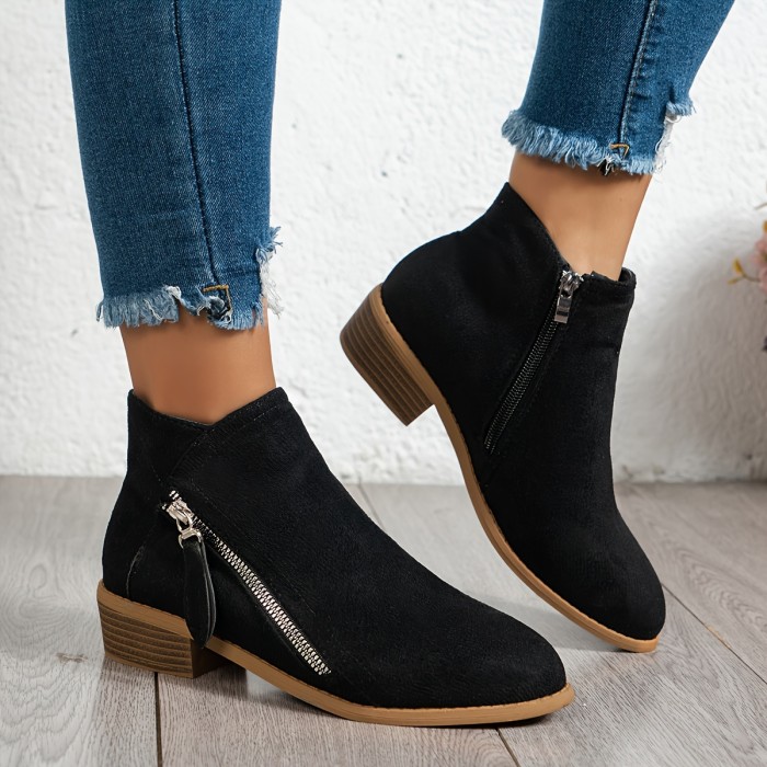 Women's Solid Color Chunky Heel Boots, Casual Side Zipper Ankle Boots, Women's Comfortable Boots
