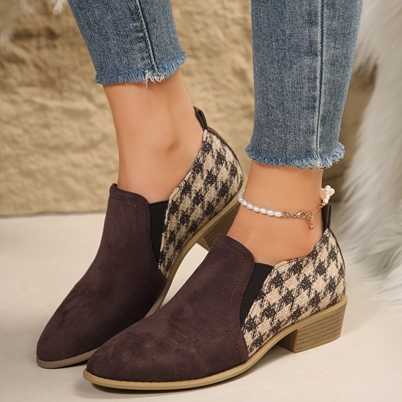 Women's Chunky Heel Short Boots, Casual Houndstooth Pattern Ankle Boots, Comfortable Point Toe Boots