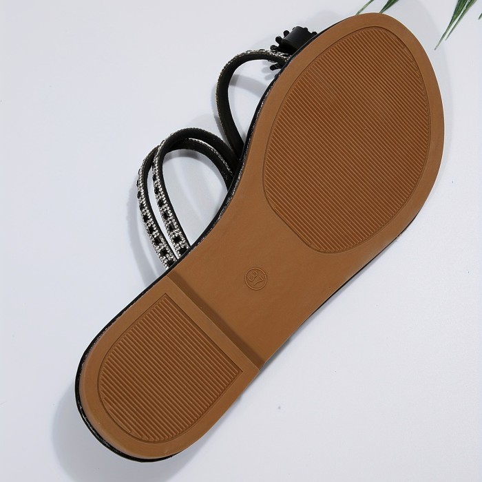 Women's Rhinestone Flat Slide Sandals, Stylish Floral Toe Loop Non Slip Shoes, Outdoor Beach Slide Shoes