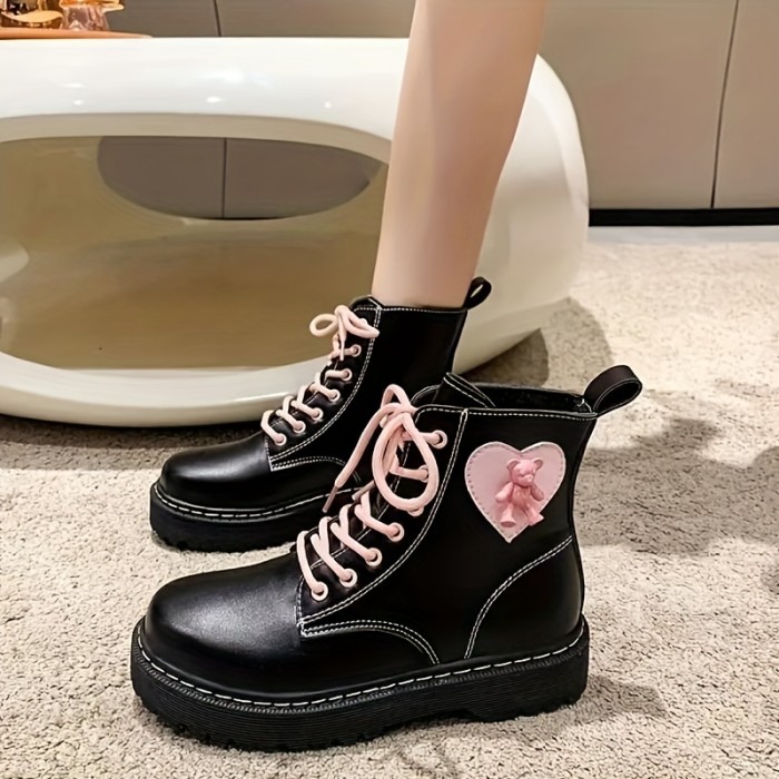 Women's Platform Short Boots, Fashion Lace Up Side Zipper Boots, Stylish Heart Buckle Decor Ankle Boots