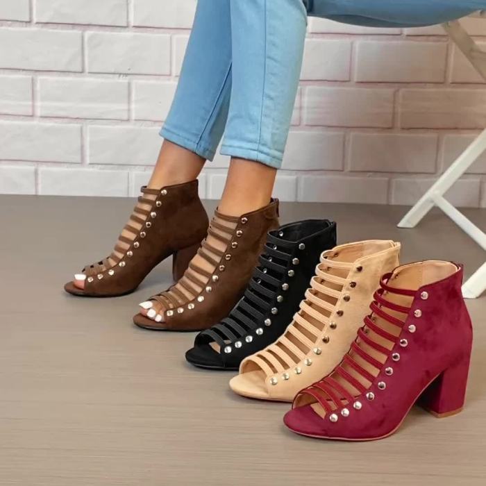 Women's Block Heeled Sandals, Studded Cutout Peep Toe Back Zipper Heels, Fashion Solid Color Going Out Sandals