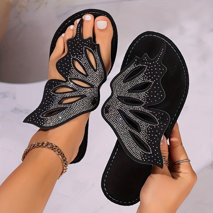Women's Rhinestone Butterfly Design Slides, Hollow Out Clip Toe Summer Shoes, Fashion Outside Beach Flat Slides