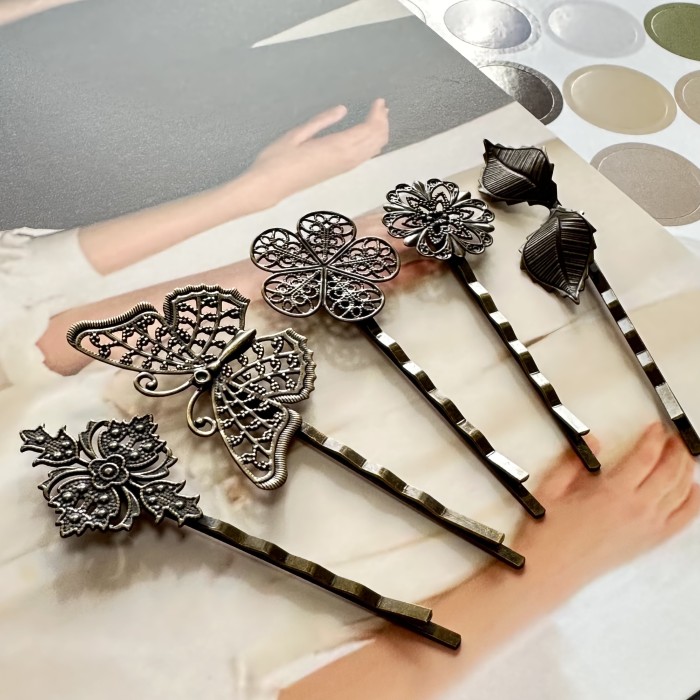 5pcs Exquisite Graceful Retro Bronze Hairpins Set, Hollow Leaf & Flower & Butterfly Decor Creative Fresh Hair Clips, Women Girls Casual School Outdoor Party Decors, Gift Photo Props
