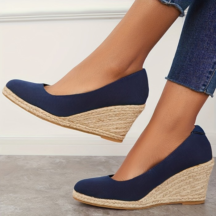 Women's Solid Color Wedge Heels, Closed Toe Slip On Platform Espadrilles Sandals, Casual & Lightweight Shoes