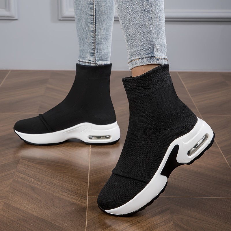 Women's Breathable Knit Platform Sneakers, Casual High Top Outdoor Shoes, Women's Comfortable Sock Shoes