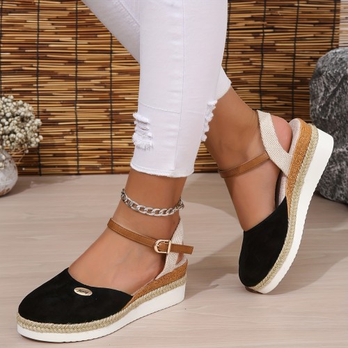 Women's Colorblock Platform Sandals, Ankle Buckle Strap Comfy Slingback Shoes, Versatile Closed Toe Wedge Shoes