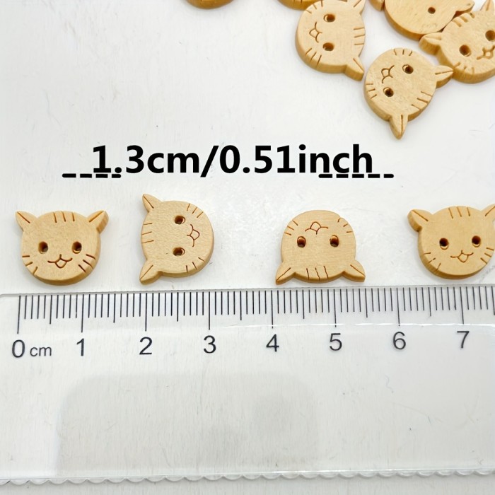 50pcs Wooden Cat Buttons, 2 Holes Wood Kitty Buttons, Coat Sweater Buttons, Sewing Knitting Crochet DIY Craft