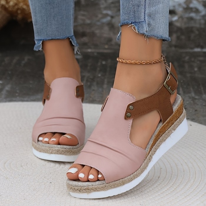 Women's Colorblock Casual Sandals, Ankle Buckle Strap Comfy Platform Shoes, Versatile Summer Wedge Shoes