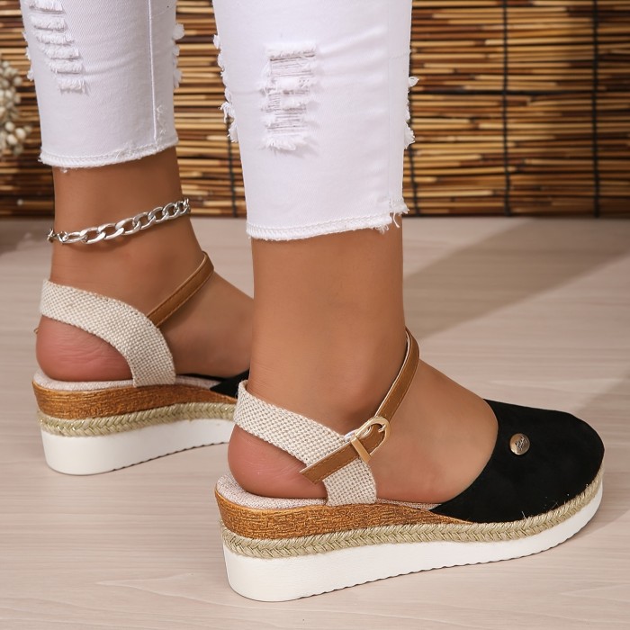 Women's Colorblock Platform Sandals, Ankle Buckle Strap Comfy Slingback Shoes, Versatile Closed Toe Wedge Shoes
