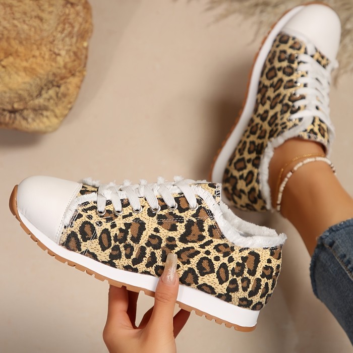 Women's Leopard Print Sneakers, Casual Lace Up Outdoor Shoes, Comfortable Low Top Shoes
