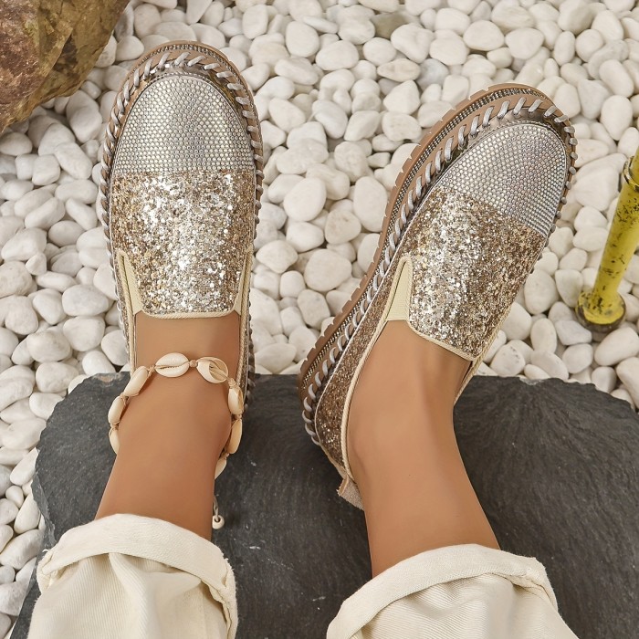 Women's Rhinestone & Sequins Decor Loafers, Fashion Slip On Flat Shoes, Comfortable Platform carnival Shoes