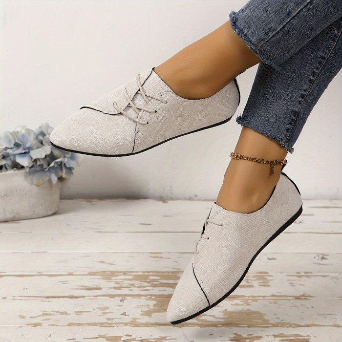 Women's Lace Up Flat Shoes, Retro Pointed Toe Solid Color Suedette Shoes, Comfortable Vintage Flats