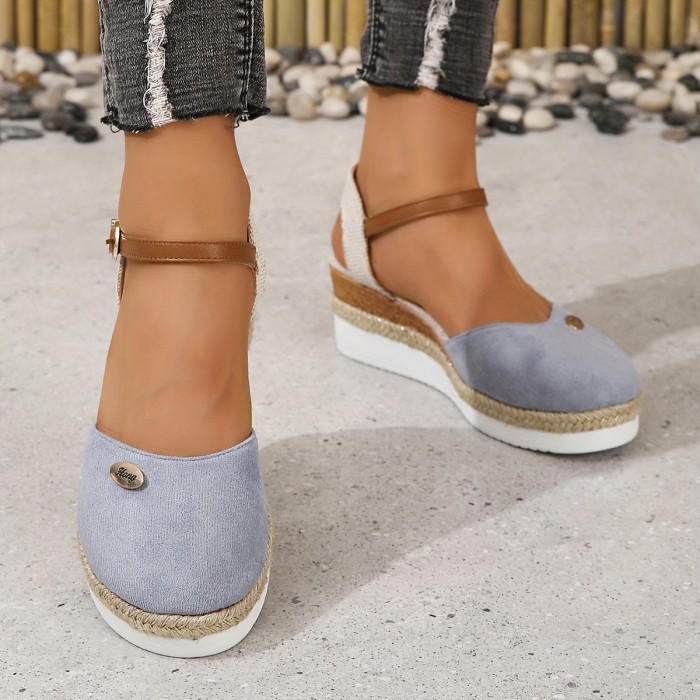 Women's Colorblock Trendy Sandals, Ankle Buckle Strap Comfy Platform Shoes, Versatile Wedge Closed Toe Shoes
