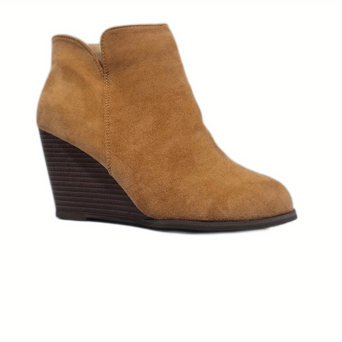 Women's Wedge Heeled Ankle Boots, Retro Suedette Side Zipper Short Boots, Comfy V-cut Boots