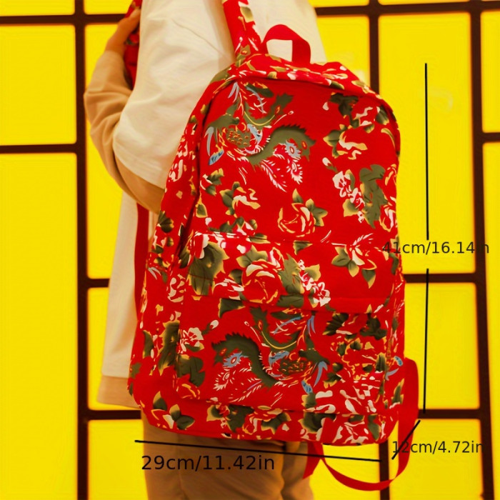 Ethnic Style Floral Pattern Backpack, Large Capacity Outdoor Travel Rucksack, Trendy Nylon Schoolbag