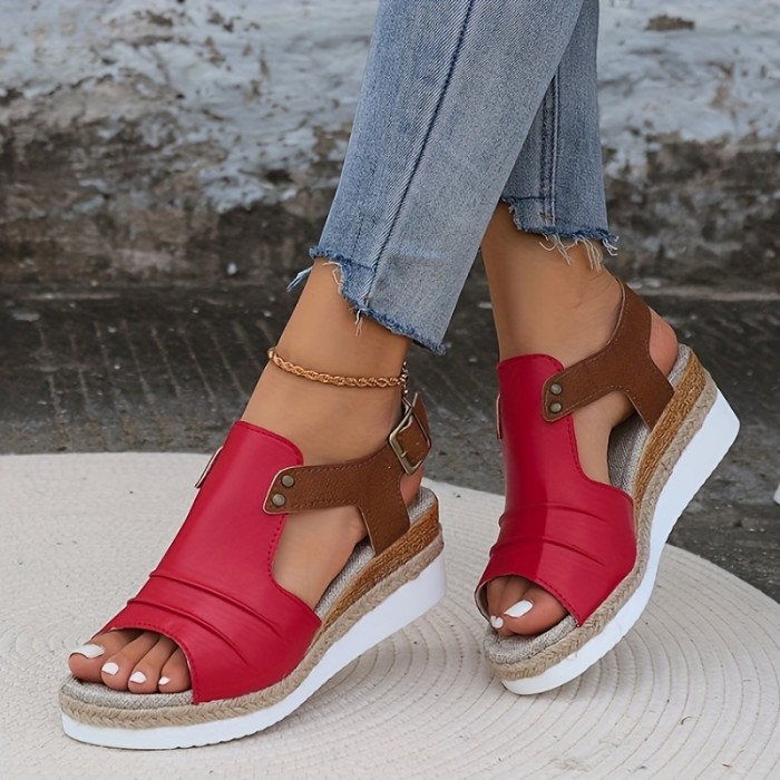 Women's Colorblock Casual Sandals, Ankle Buckle Strap Comfy Platform Shoes, Versatile Summer Wedge Shoes