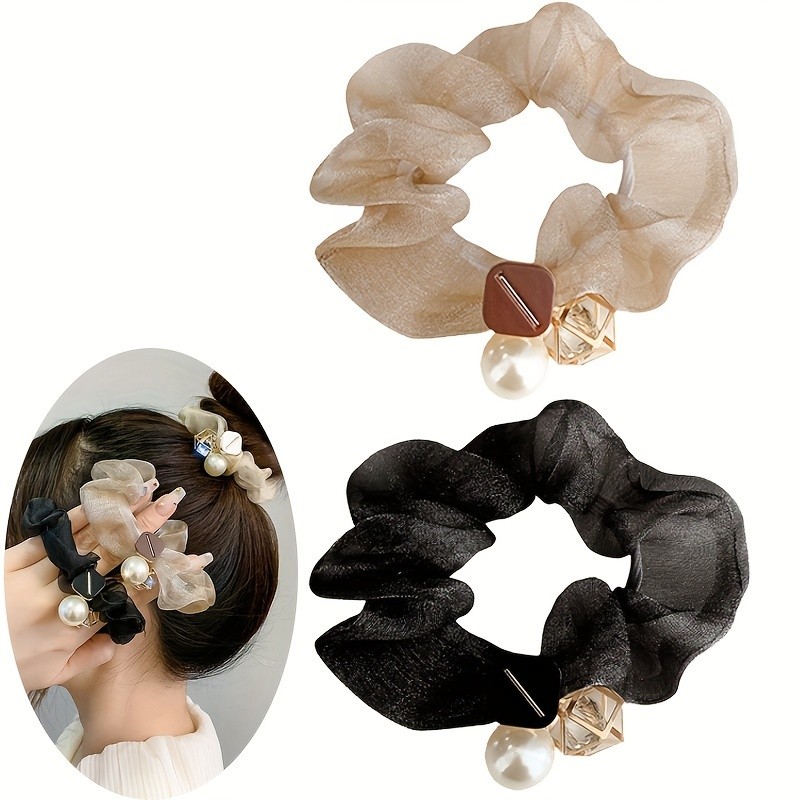 3pcs Mesh Imitation Pearl Decorative Hair Ties, Girls Headwear