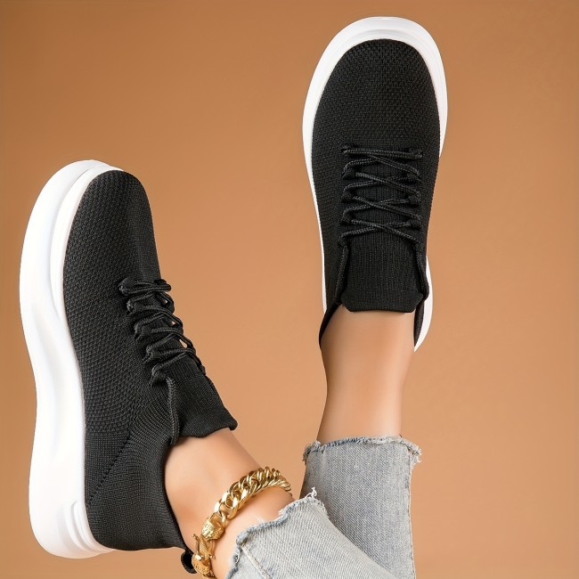 Women's Breathable Lace Up Mesh Sneakers, Fashion Knit Walking Shoes, Casual Sneakers For Outdoor