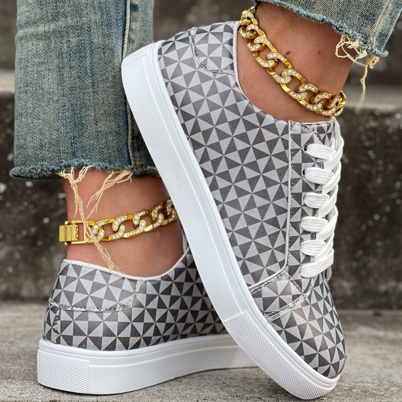 Women's Geometric Pattern Sneakers, Casual Lace Up Outdoor Shoes, Comfortable Low Top Shoes