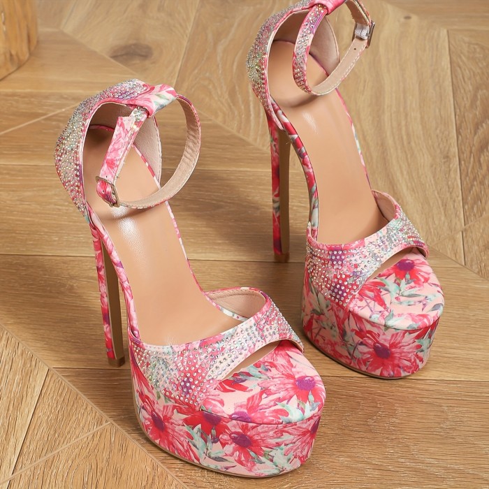 Women's Jacobean Pattern Sandals, Ankle Bucke Strap Platform High Heel Shoes, Summer Party Banquet Shoes