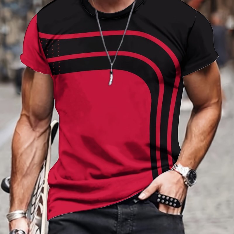 Men's Geometric Striped Novelty T-Shirt - Casual Summer Tee with Classic Pattern