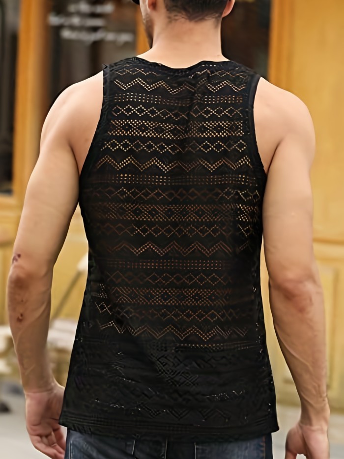 Mens Lace Shirts See Through Vest Crewneck Sleeveless Tank Tops Muscle Sexy Mesh Shirts