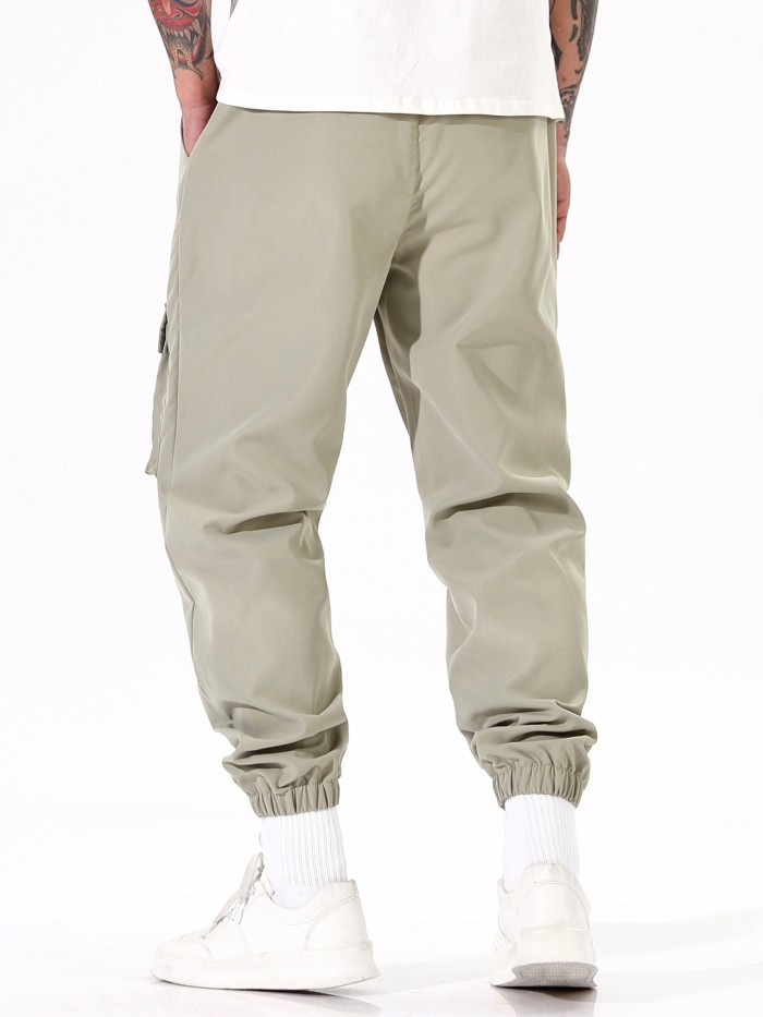Men's Trendy Solid Cargo Pants With Multi Pockets, Casual Elastic Waist Drawstrings Joggers For Outdoor