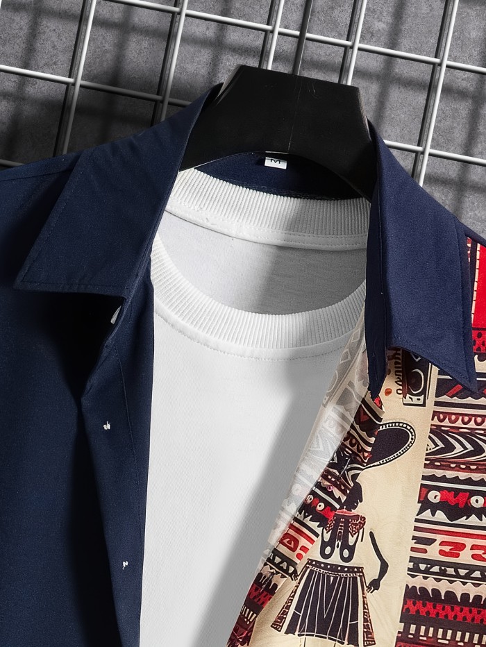 2-piece Men's Retro Summer Vacation Outfit Set, Men's Ethnic Style Pattern Color Block Short Sleeve Lapel Shirt & Solid Drawstring Shorts Set