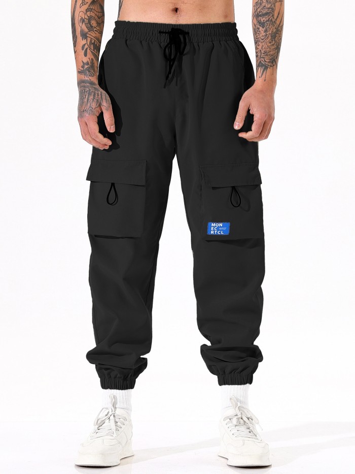 Men's Trendy Solid Cargo Pants With Multi Pockets, Casual Elastic Waist Drawstrings Joggers For Outdoor