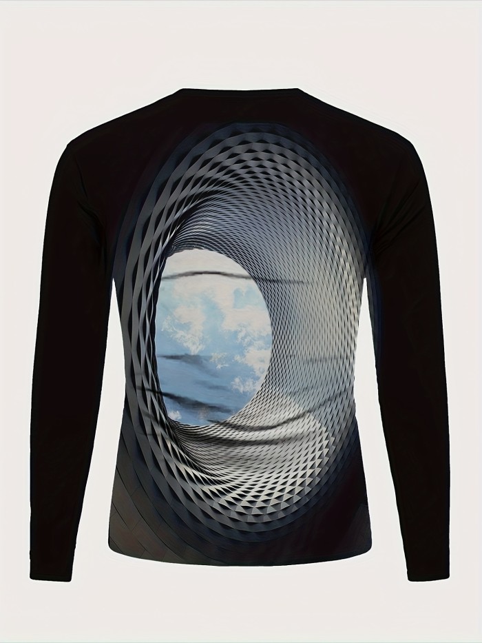 3D Geometric Print Men's Trendy Graphic Long Sleeve Fit T-shirt, Spring Fall