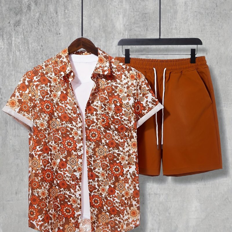 2-piece Men's Vintage Summer Vacation Outfit Set, Men's Floral Print Short Sleeve Lapel Shirt & Solid Drawstring Shorts Set