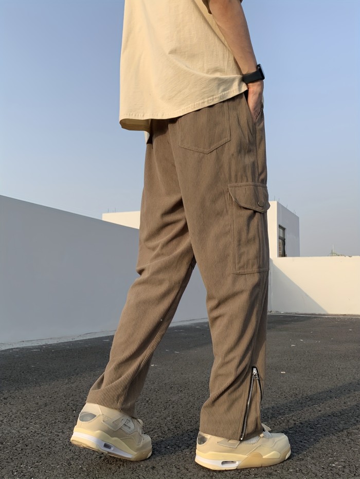 Trendy Solid Corduroy Cargo Pants, Men's Multi Flap Pocket Drawstring Trousers, Loose Casual Outdoor Pants, Men's Work Pants Outdoors Streetwear Hip Hop Style