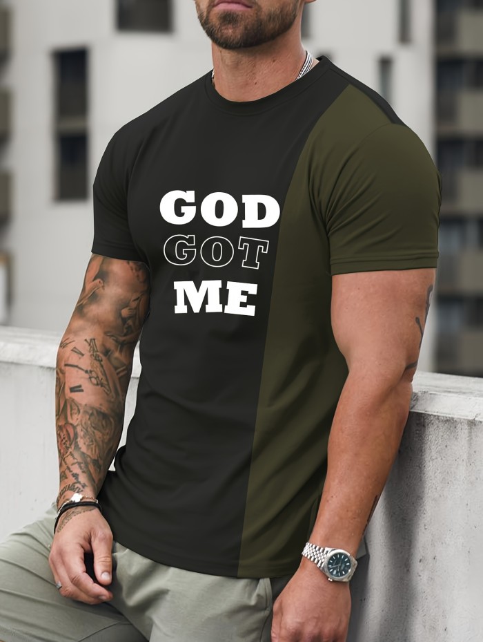 ''GOD GOT ME'' Men's Color Block T-shirt, Casual Stretch Loose Tees For Summer