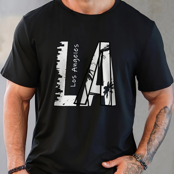 LA Creative Print Men's Casual Short Sleeve Crew Neck T-shirt, Summer Outdoor, Resort Vacation