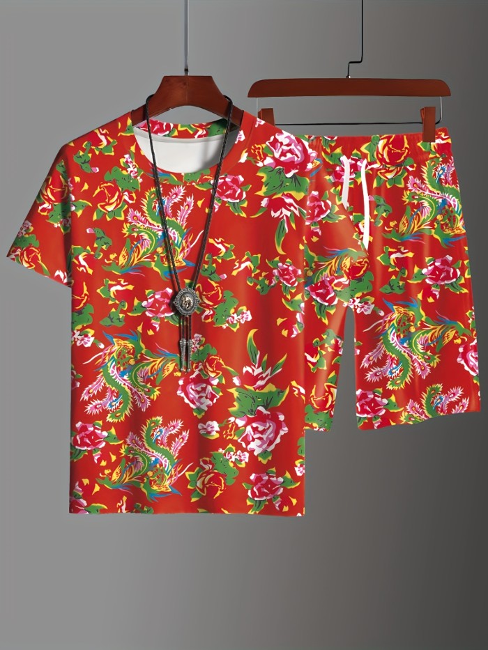 2-piece Men's Fashion Chinese New Year Themed Floral Print Outfit Set, Men's Creative Short Sleeve T-shirt & Drawstring Shorts Set, Summer Holiday