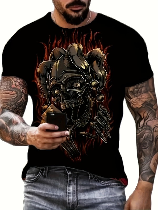 Skeleton Clown And Flame Comic Pattern Men's Trendy Short Sleeve Crew Neck T-shirt, Summer Outdoor