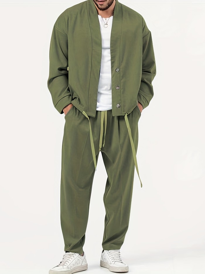 Men's 2-Piece Outfits, Button Breathable Casual Jacket And Casual Drawstring Sweatpants Set For Spring Autumn, Men's Clothing