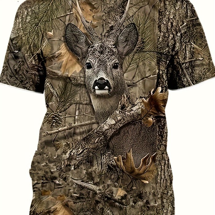 Deer In The Forest 3D Graphic Print Men's Novelty Short Sleeve Crew Neck T-shirt, Summer Outdoor