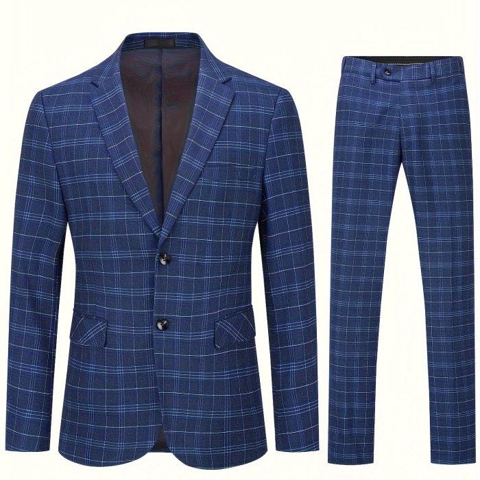 Formal 2 Pieces Set, Men's Retro Plaid Two Button Suit Jacket & Dress Pants Suit Set For Business Dinner Wedding Party