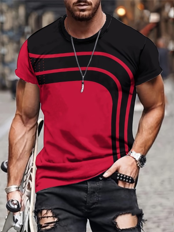 Men's Geometric Striped Novelty T-Shirt - Casual Summer Tee with Classic Pattern