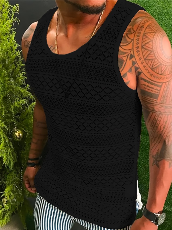 Mens Lace Shirts See Through Vest Crewneck Sleeveless Tank Tops Muscle Sexy Mesh Shirts