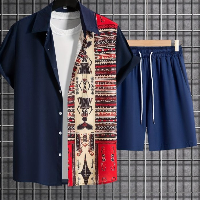 2-piece Men's Retro Summer Vacation Outfit Set, Men's Ethnic Style Pattern Color Block Short Sleeve Lapel Shirt & Solid Drawstring Shorts Set