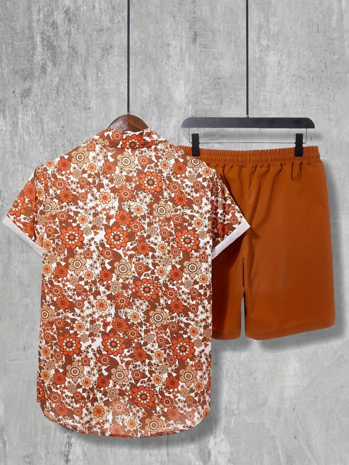 2-piece Men's Vintage Summer Vacation Outfit Set, Men's Floral Print Short Sleeve Lapel Shirt & Solid Drawstring Shorts Set