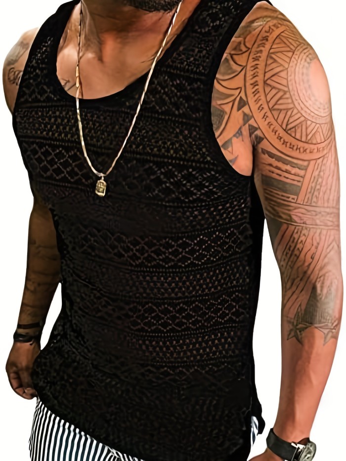 Mens Lace Shirts See Through Vest Crewneck Sleeveless Tank Tops Muscle Sexy Mesh Shirts