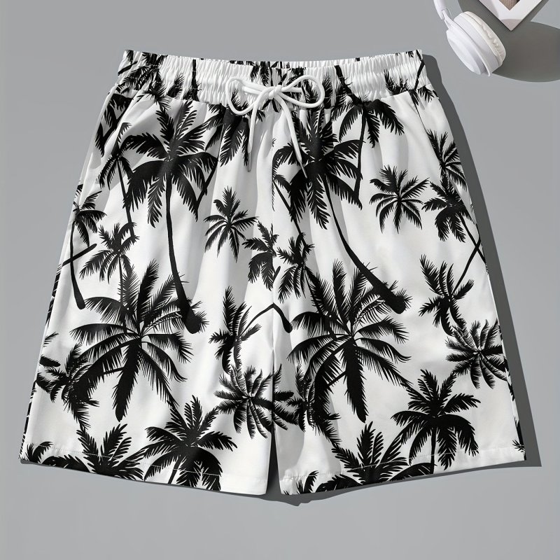 Retro Style Coconut Trees Print Men's Casual Drawstring Shorts With Pockets For Summer Beach Holiday