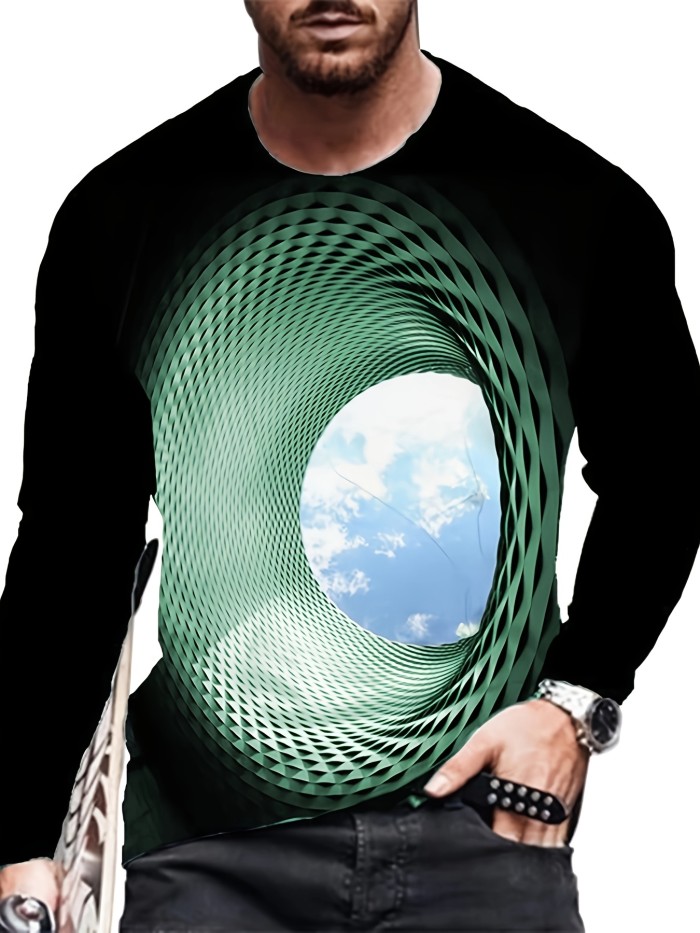 3D Geometric Print Men's Trendy Graphic Long Sleeve Fit T-shirt, Spring Fall