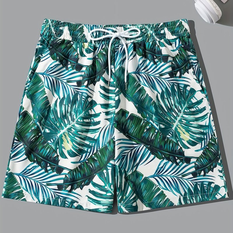Tropical Leaves Pattern Men's All-match Drawstring Shorts With Pockets For Summer Beach Sports