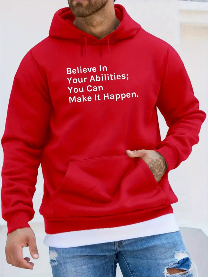Belief Abilities Print Men's Pullover Round Neck Hoodies With Kangaroo Pocket Long Sleeve Hooded Sweatshirt Loose Casual Top For Autumn Winter Men's Clothing As Gifts