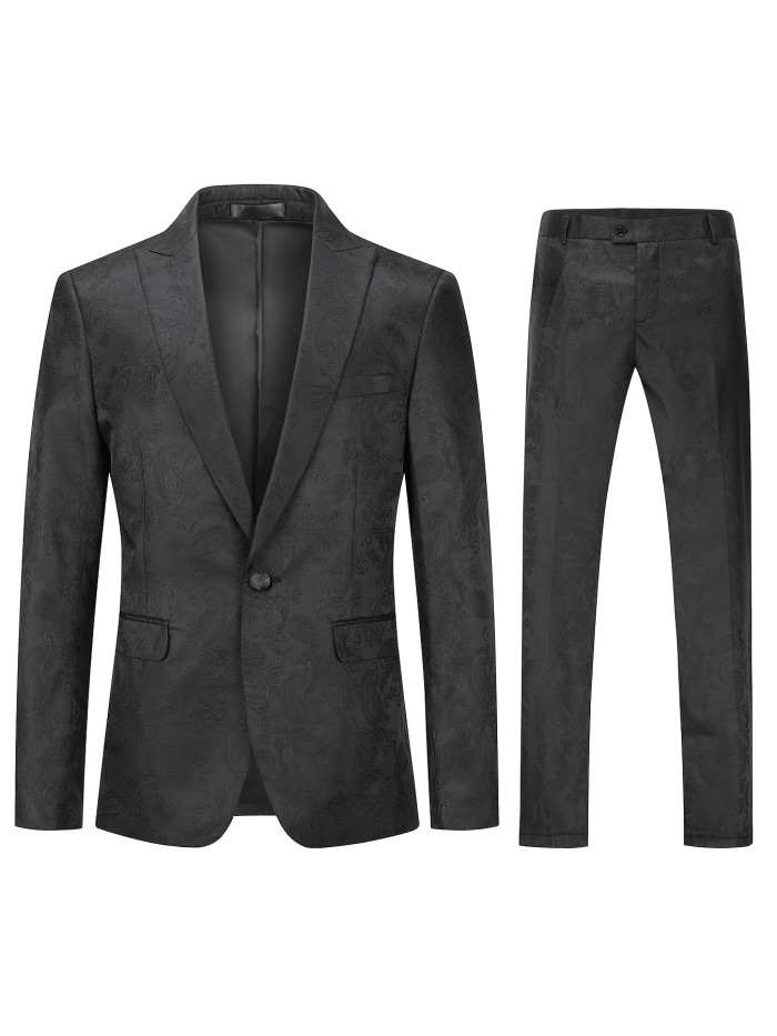 Formal 2 Pieces Set, Men's One Button Jacquard Suit Jacket & Dress Pants Suit Set For Business Dinner Wedding Party